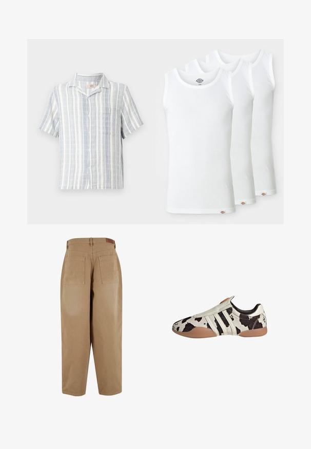 Camicia a maniche corte realizzata in tessuto leggero, con righe verticali blu e bianche, chiusura con bottoni davanti e taschino sul petto.; Tre canotte bianche in cotone rigato. Ognuna ha un collo rotondo e un piccolo logo cucito sull'orlo. Design classico e semplice.; Pantaloni in cotone beige con vestibilità ampia, dotati di due tasche posteriori e di un'etichetta in vita. Il tessuto ha una consistenza liscia e un design minimalista.; Scarpe in pelle nere e bianche con un motivo a stampa, caratterizzate da una finitura testurizzata, tre righe orizzontali bianche e una suola in gomma marrone.