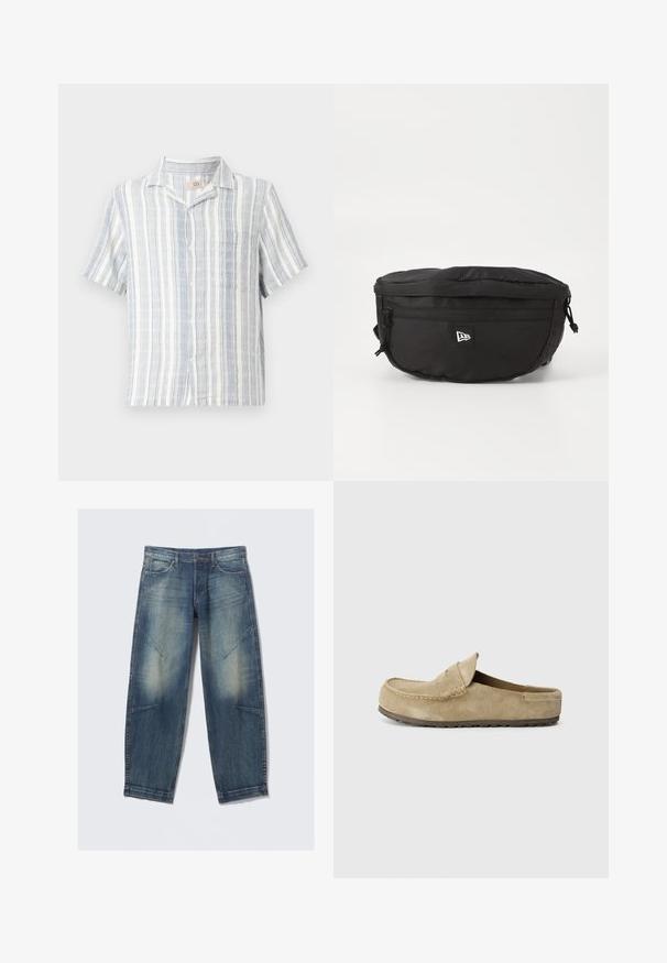Polo majica s kratkimi rokavi iz lahkega materiala, z navpičnimi modrimi in belimi črtami, z gumbi spredaj in žepom na prsih.; Modri izbledeli kavbojke z sprednjimi žepi, pasnimi zankami in dekorativnimi šivi na stegnih in kolenih, položene na belo ozadje.; Birkenstock NAPLES WRAPPED LEVE TAUPEN - REGULAR - Natikači - taupe; Črna pasna torba iz najlona; ima sprednji žep z zadrgo, nastavljiv trak in oznako z logotipom. Ima zaobljeno obliko in gladko teksturo.