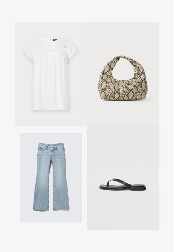 Biała bluzka z krótkim rękawem, z okrągłym dekoltem, marszczonym fasonem i dekoracyjnym koronkowym wykończeniem z przodu, z falbaniastym dołem.; Weekday NOVA niebieski; Czarne klapki wykonane z gładkiej skóry, z cienkim paskiem i płaską podeszwą o minimalistycznym profilu. Brak widocznych wzorów lub akcentów.; Torebka w wężowy wzór z zakrzywionym uchwytem. Wykonana z teksturowanych, beżowych i brązowych materiałów, z charakterystycznym wzorem w diamenty.