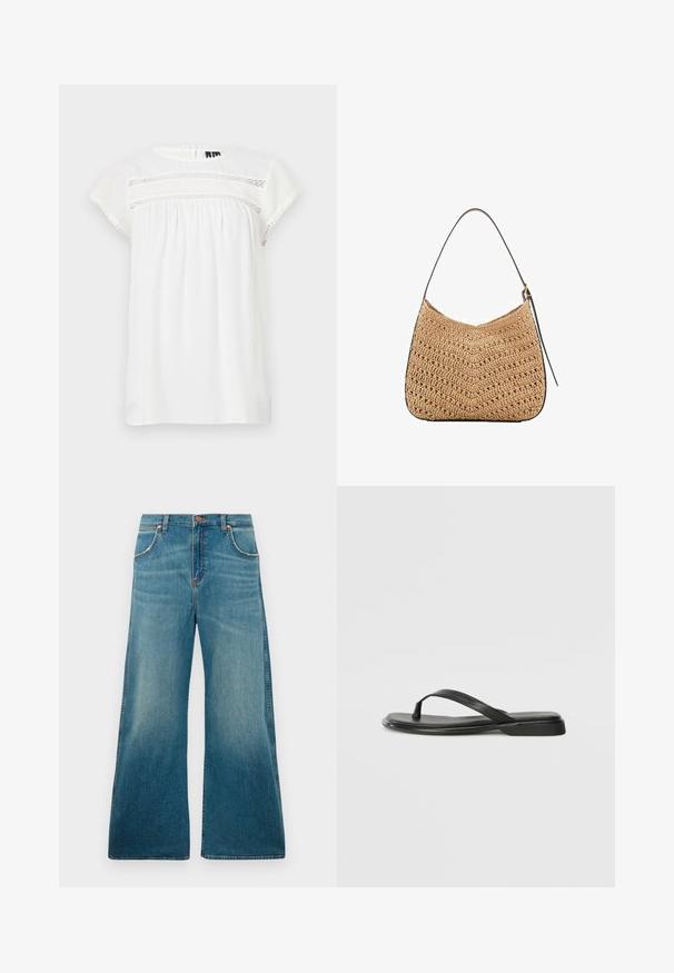 Bílá blůza s krátkým rukávem, kulatým výstřihem, nabíraným designem a dekoračními krajkovými detaily vpředu, s vlnitým lemem.; Džínové kalhoty s vysokým pasem v modré barvě, široké nohavice, přední kapsy, zapínání na knoflík a s blednoucím barevným přechodem od pasu k lemu.; Černé žabky vyrobené z hladké kůže, s tenkým designem popruhu a plochou podrážkou s minimálním profilem. Žádné výrazné vzory ani akcenty.; Tkaná slaměná taška na rameno s zakřiveným tvarem, která má tmavý kožený popruh a texturovaný povrch s chevronovým vzorem.; Zlaté náušnice mají nepravidelné texturované tvary, zdobené zelenými drahokamy a bílými perlami, upevněné klipsovými uzávěry.