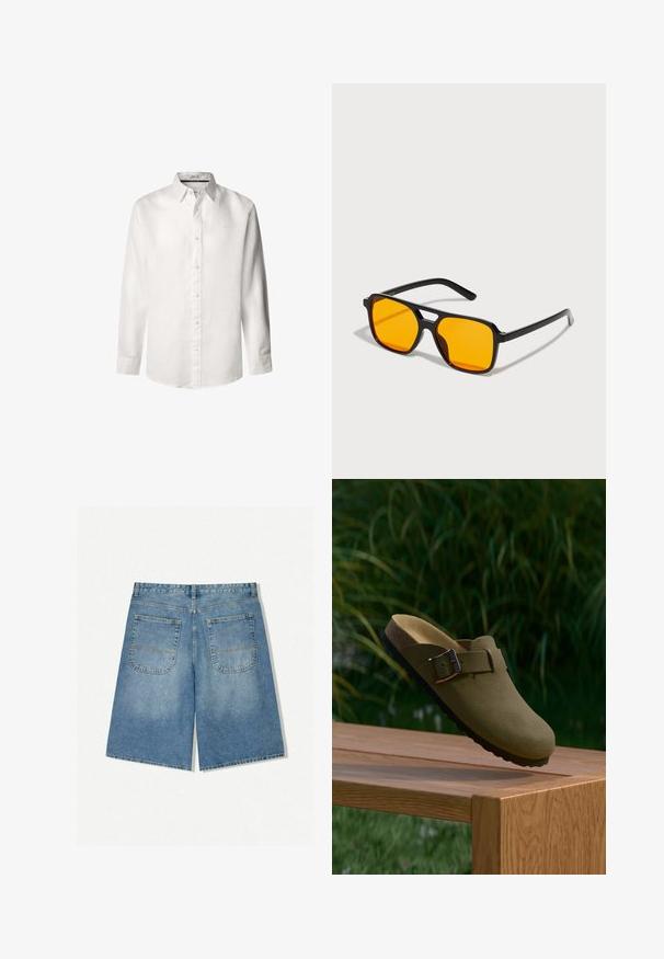 Weißes Langarmhemd aus leichtem Leinen, mit Knopfleiste, spitzem Kragen und dezentem Logo, das in der Nähe der Brust gestickt ist.; Hellblaue Jeansshorts in lockerer Passform, mit zwei Gesäßtaschen und sichtbaren Nähten. Der Stoff hat eine weiche, glatte Textur.; Olivgrüne Wildleder-Pantoletten mit einem Schnallenverschluss, die über einer Holzbank mit grünem Gras und Pflanzen im Hintergrund schwebt.; Schwarze rechteckige Sonnenbrillen mit kräftigen orangenen Gläsern. Verfügt über ein einzigartiges Brückendesign und schlanke Bügel, die aus leichtem Material gefertigt sind.