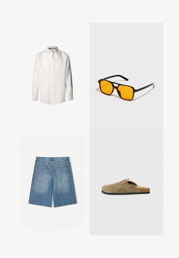 Witte lange mouwen overhemd van lichtgewicht linnen, met knoopsluiting, puntige kraag en subtiel logo geborduurd bij de borst.; Lichtblauwe denim shorts met een losse pasvorm, voorzien van twee achterzakken en zichtbare stiksels. De stof heeft een zachte, gladde textuur.; Suède pantoffel in klompstijl in olijfgroen met een smalle band en metalen gesp. Voorzien van een kurkvoetbed en zwarte rubberen zool.; Zwarte rechthoekige zonnebril met gedurfde oranje glazen. Heeft een uniek brugontwerp en slanke armen, vervaardigd uit lichtgewicht materiaal.