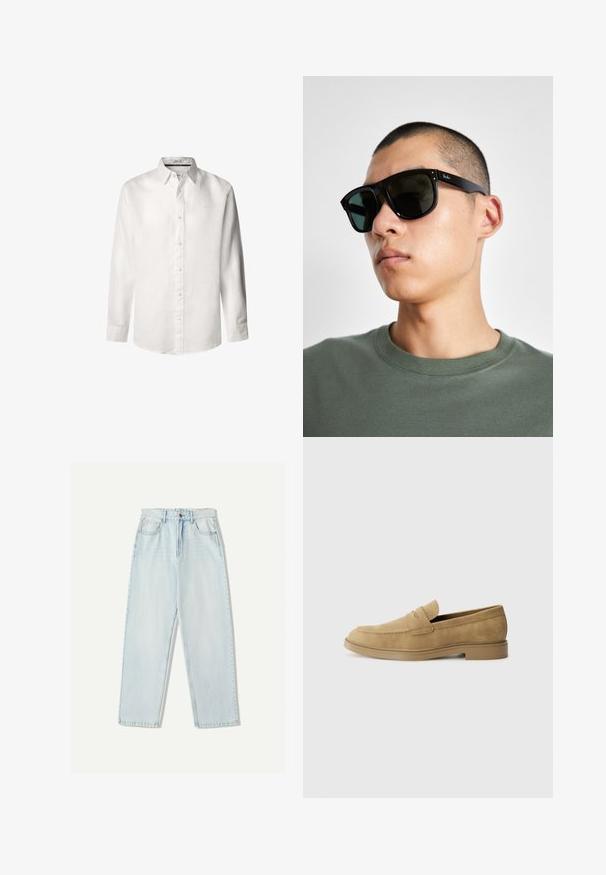 Bela srajca z dolgimi rokavi, izdelana iz lahkotnega lanu, zasnova z gumbi, s poudarjenim ovratnikom in diskretnim logotipom izvezenim blizu prsnega dela.; Svjetloplave traperice s ležernim krojem, ravnim nogavicama, dizajnom s pet džepova i suptilnim izblijedjenjem na tkanini.; Svetlo rjavi nubuk loaferji z zaobljenim nosom, nizko blok peto in šivanim detajlom na zgornjem delu. Gladka tekstura in minimalističen dizajn.; Črne pravokotne sončna očala s temnimi lečami, ki imajo značilno obliko in blagovno znamko na ročaju. Nosijo jih oseba v zeleni majici.