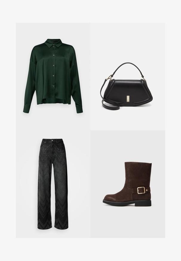DRYKORN CLOELIA - Skjorta - green; Breda svarta jeans med ett zigzag-texturmönster. Tillverkade av denim, med en knappstängning och två framfickor.; Brun mockasinsknäbboots med rund tå, platt svart sula och guldspänne som accent på sidan. Slät textur och enkel design.; Svart läderhandväska med en strukturerad design, som har en avskuren form, ett handtag upptill och guldiga detaljer. Justerbar axelrem ingår.