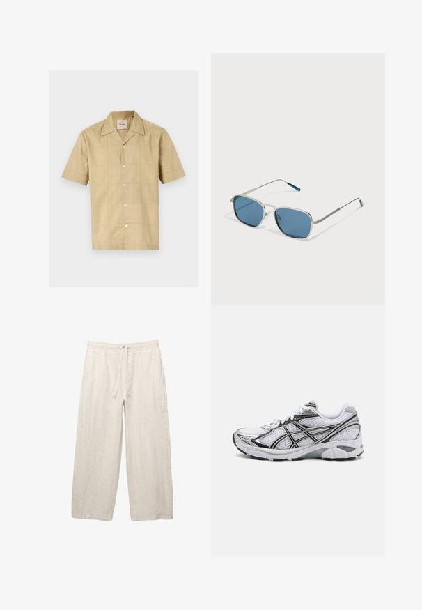 Košeľa s krátkym rukávom a gombíkmi v svetlej béžovej farbe s jemným mriežkovaným vzorom. Vyrobená z mäkkej, textúrovanej tkaniny; má klasický golier a päť gombíkov.; Biely bavlnený tielko s okrúhlym výstrihom, širokými ramennými popruhmi a rovnom spodným lemom, ktoré má hladkú textúru a žiadne viditeľné vzory.; Ľanové nohavice v svetlej béžovej farbe, s elastickým pásom na šnúrku, širokým strihom a bočnými vreckami. Hladká textúra.; Biele športové tenisky s vrchnou časťou zo sieťoviny, čiernymi akcentmi a striebornými detailmi. Obsahujú polstrovanú podrážku a šnurovací dizajn pre podporu.; Slnečné okuliare so strieborným kovovým rámom, obdĺžnikovými modrými sklami a tenkými nožičkami. Obsahujú modré akcenty na koncoch spánkov.