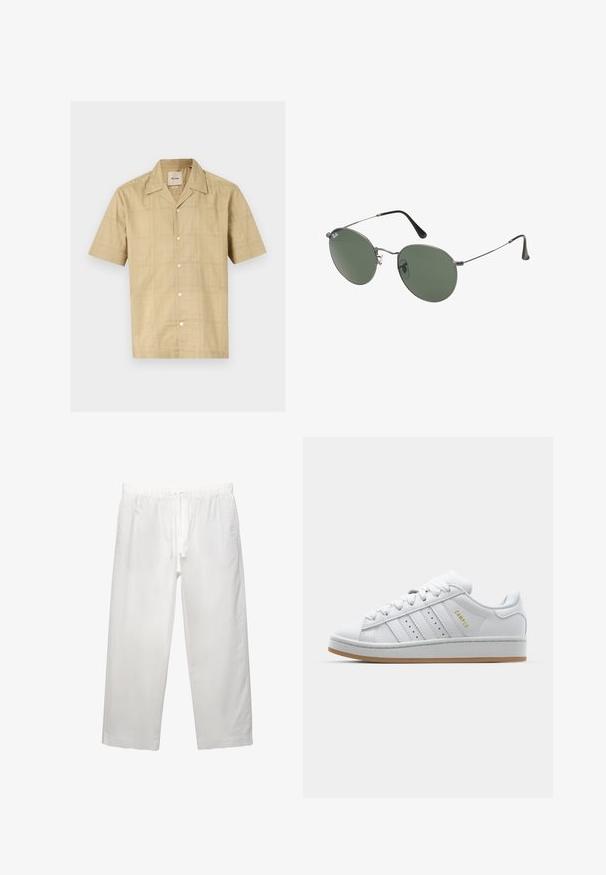 Kratek rokav, srajca s gumbi v svetlem bež odtenku z rahlim mrežastim vzorcem. Narejena iz mehke, teksturirane tkanine; ima klasičen ovratnik in pet gumbov.; Bela bombažna majica s kratkimi rokavi, okroglo izrezana in udobnega kroja. Gladka tekstura brez vidnih vzorcev ali dekoracij.; Bela lanena hlača z elastičnim pasom in vrvico, širokega kroja in čistimi šivi. Gladka tekstura s sproščenim krojem.; Bela teniska z perforirano trojno črto, teksturiranimi detajli, gumijastim podplatom in zlatim logotipom "CAMPUS" na strani.; Sončna očala z ovalnimi zelenimi lečami v kovinskem okvirju. Tanjši srebrni kovinski okvir in črne ušesne konice. Minimalistična zasnova, brez vidnih logotipov.