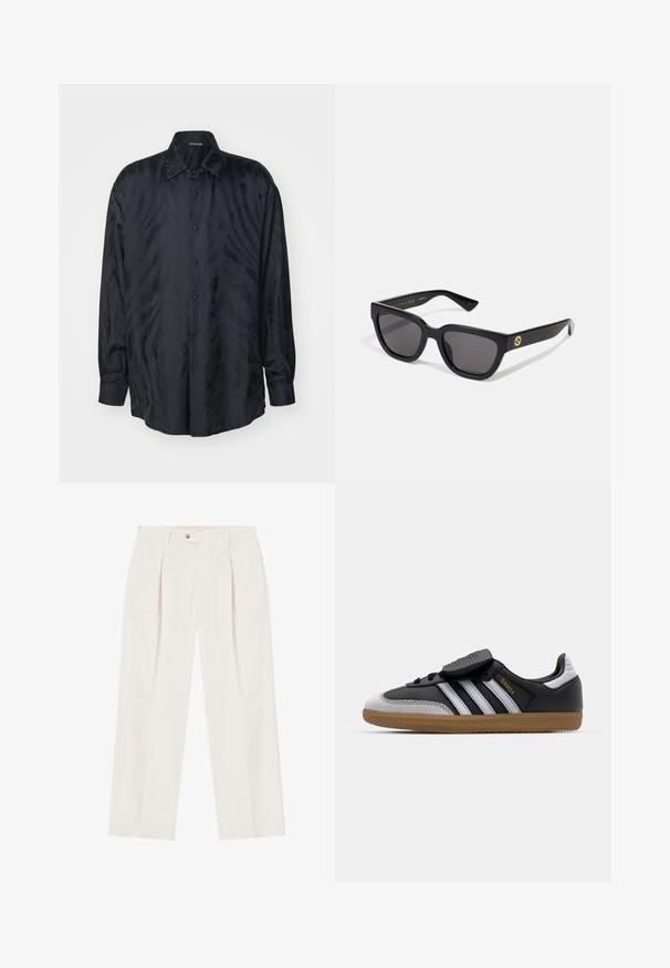 Roberto Cavalli FREEDOM COOL FIT - Krekls - black; Baltas, plaša kāju bikses ar krokām priekšā, vienu pogu aizdari un sānu kabatām. Gluda tekstūra un piegriezuma dizains.; Melnā ādas un pelēkā zamša kedas ar baltām svītrām, gumijas zole, aukliņu aizdare priekšā un Velcro josta. Satur "Samba" zīmolu zeltā.; Melni taisnstūra saulesbrilles ar spīdīgu apdari, tumšiem stikliem un zelta aksesuāru uz tempļa, uz kura redzams logo.