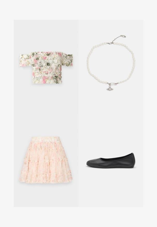 Top floreale off-the-shoulder bianco con fantasie arricciate in rosa e verde. Presenta un tessuto leggermente elasticizzato per un look aderente.; Needle & Thread DITSY SMOCKED MICRO MINI SKIRT - Minigonna - moonshine pink; Pantofole da balletto nere in pelle con punta arrotondata, texture liscia, dettagli di cucitura minimi e design con suola flessibile.; Collana di perle con perline bianche lucide, caratterizzata da un ciondolo a forma di spilla di sicurezza in tono argento decorato con strass trasparenti. Chiusura a gancio a polpo.