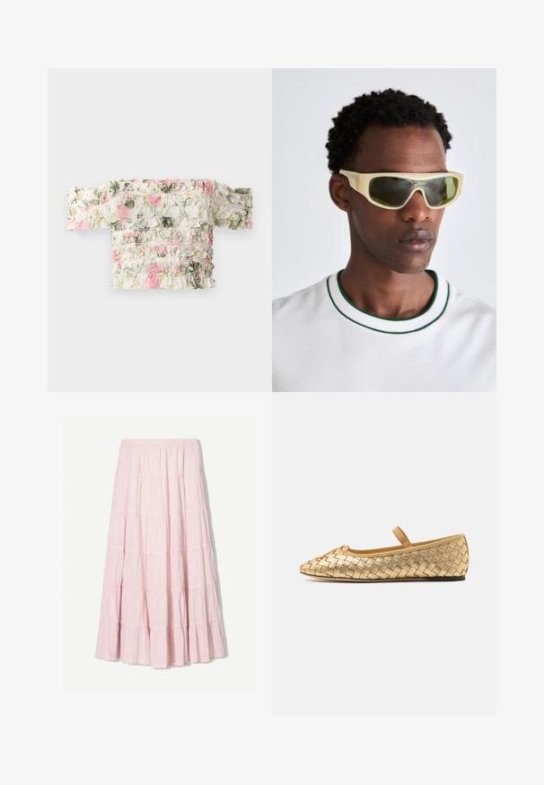 Valkoinen olkaimeton kukkapaidassa on vaaleanpunaisia ja vihreitä röyhelökuvioita. Kangas on hieman elastinen antamaan istuvan ilmeen.; Vaaleanpunainen, kerroksellinen maxi-hame, joka on valmistettu rakenteellisesta, kevyestä kankaasta. Joustava vyötärö ja virtaava helma, jossa on röyhelökoristeet.; Loeffler Randall LEONIE SOFT BALLET FLAT - Ballerinat nilkkaremmillä - gold; Aurinkolasit, joissa on läpinäkyvä keltainen kehys ja vihreät linssit. Kulmikas muotoilu, jossa on leveät templet, pukeutuneena valkoiseen paitaan, jossa on vihreitä yksityiskohtia.