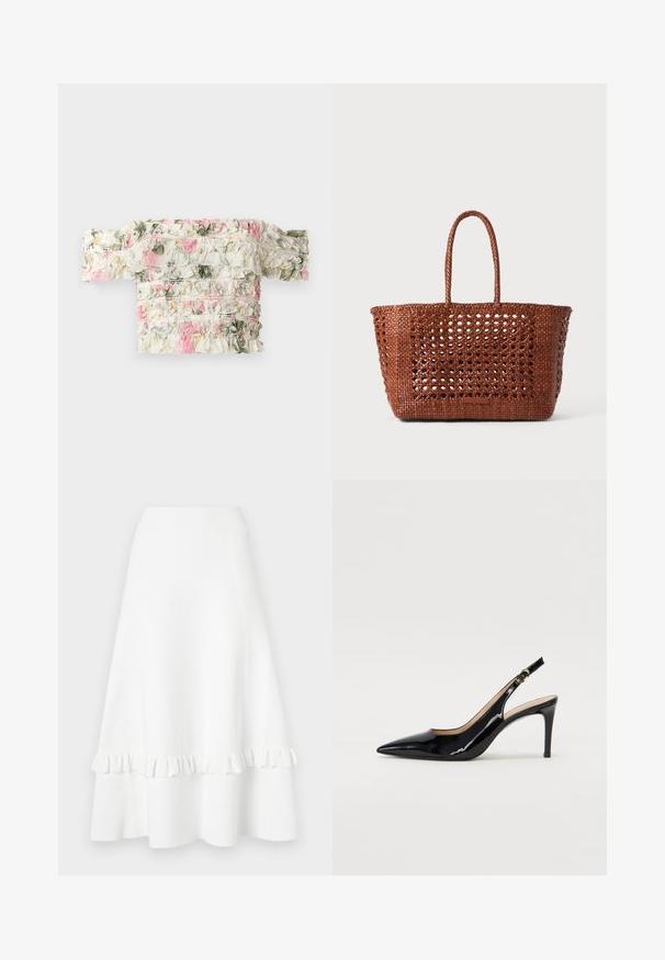 Ziedu off-the-shoulder tops baltā krāsā ar rozā un zaļām ruļļu rakstiem. Tam ir nedaudz elastīga auduma, lai tas būtu pieguļošs.; Balta flared svārku izgatavota no teksturēta auduma, ar rumbu apakšmalu un acs dizainu, gluda jostasvieta un ceļu garuma griezums.; Melnas lakotās ādas slingback kurpes ar izteiktu degunu, šauru papēdi un smalku izgriezumu dizainu. Siksniņai ir zelta sprādze.; Austo brūns audums ar atvērtu rakstu, taisnstūra forma un divas pītās rokas. Iekļauj stabilu pamatni atbalstam.