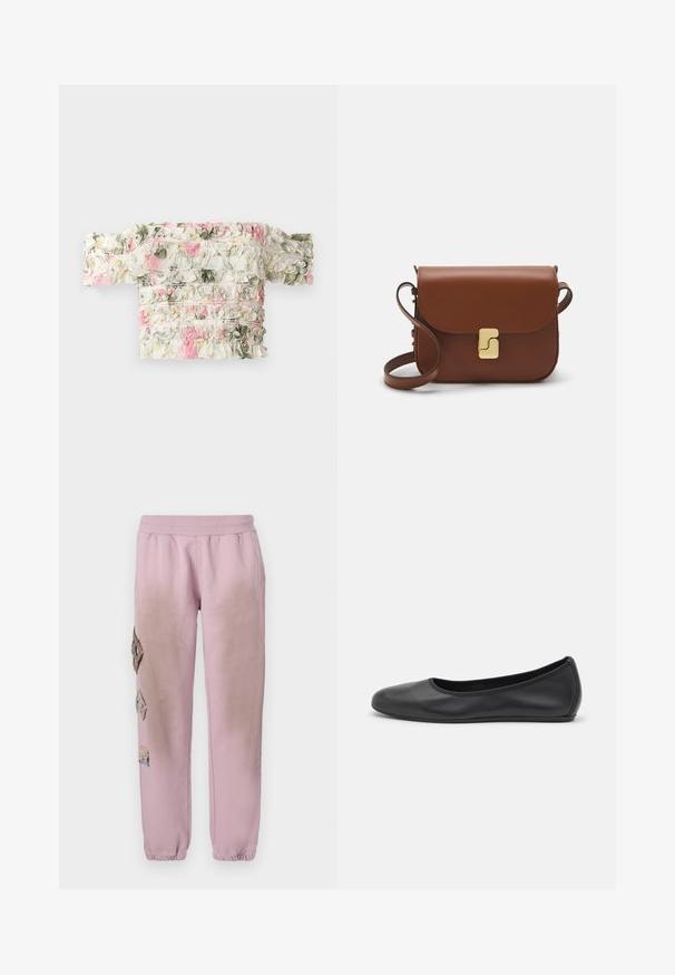 Valge õlgadelt avatud pluus roosa ja rohelise volangnumbritega. Omab veidi venitavat kangast, mis tagab kitsa ilme.; Roosa spordipüksid elastse paelaga vööl, millel on vasakul küljel dekoratiivsed rombikujulised plaastrid ja elastsed mansetid pahkluude juures.; Musthave mustika tantsutossud mustast nahast, ümmarguse varbaga, siledast tekstuurist, minimaalse õmblusdetailiga ja paindliku tallakujundusega.; Pruunist nahast käekott, millel on klapiga sulgur, kuldne riistvara, õlarihm ja sile tekstuur. Kompaktne ristkülikukujuline vorm.