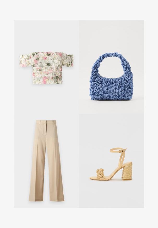 Ziedu off-the-shoulder tops baltā krāsā ar rozā un zaļām ruļļu rakstiem. Tam ir nedaudz elastīga auduma, lai tas būtu pieguļošs.; Bēža platā kāju bikses, izgatavotas no gludas auduma, ar plakanu priekšpusi un krokām, ar rāvējslēdzēja aizdari un jostu cilpām. Visā garumā pielāgota piegriezuma.; Bēšas augstpapēžu sandaļi ar pītas faktūras dizainu, kas ietver dekoratīvu ziedu un potītes siksnu. Kvadrātveida papēdis nodrošina stabilitāti.; Zila auduma rokassoma ar saburzītu tekstūru un bieza, viļņota roktura. Iekļautas smalkas svītraina raksta nianses. Kompakta taisnstūra forma.
