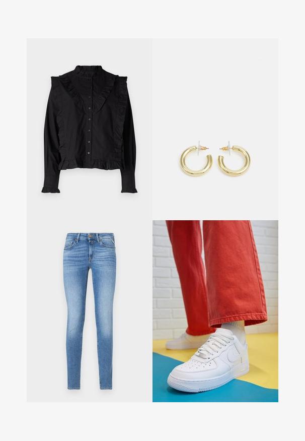 Mustavartinen pitkähihaisista paita, jossa on korkea kaulus, nappilista ja huvittavat yksityiskohdat edessä ja hihoissa. Sujuva, kevyt kangas.; Slim-fit vaaleansiniset farkut, joissa on keski-korkea vyötärö, edessä nappikiinnitys ja viisi taskua.; Valkoinen nahkakengät, joissa on rei'itetty varvasosa, teksturoitu pohja ja valkoiset nauhat, yhdistettynä leveisiin punaisiin housuihin ja sinikeltaiseen taustaan.; Kultaketjut kullasta, joissa on sileä, kiiltävä pinta. Pyöreä muotoilu, jossa on pieni tappi ja kirkas taustalevy turvalliseen käyttöön.