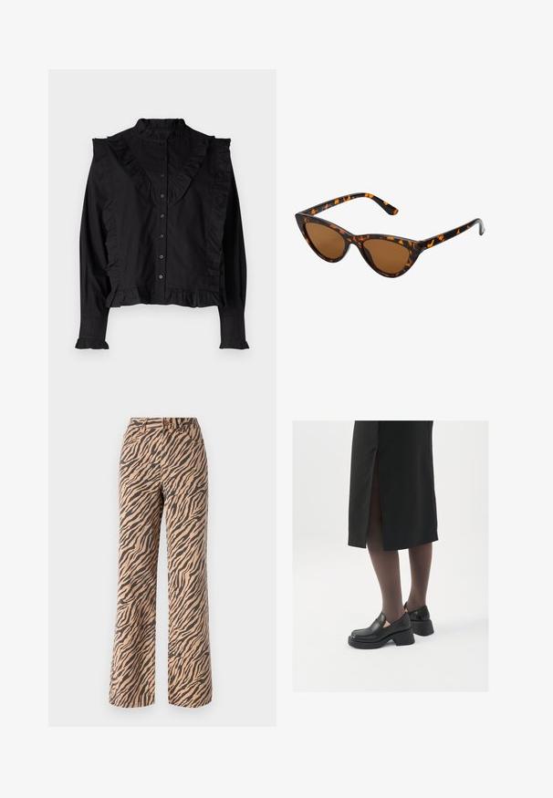 Svart langermet skjorte med høy krage, knappestolpe og volanger langs fronten og ermene. Glatt, lett stoff.; Bredde bukser med tigerstripe-mønster i nyanser av brun og svart, med standard midje og fem lommer.; Sorte lærersko med rund tå, tykk blokkheel og elastiske sideaksenter, sammen med mørke strømpebukser og et svart skjørt med splitt.; Kattøye solbriller med en svart og oransje skjellramme, brune linser og elegante, spisse tupper. Har en minimalistisk logo på stangen.