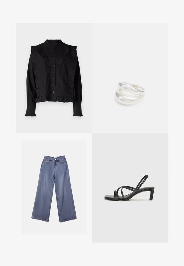 Črna dolga majica z dolgimi rokavi in visokim ovratnikom, z gumbno zaponko in nabrano obrobo ob sprednji in rokavih. Gladek, lahek material.; Široke denim hlače v svetlo modrem pranju, s poudarjeno pasom, sprednjimi žepi in gumbom za zapiranje z zankami za pas.; Črne natikače s trakovi in kvadratnim prstom ter nizkim blokastim peto. Imajo več tankih trakov in nastavljiv trak okoli gležnja. Narejene so iz gladkega usnja.; Srebrn dvojni prstan z gladko, polirano površino. Ima tekoč, ukrivljen dizajn z prekrivajočimi se sekcijami za sodoben videz.