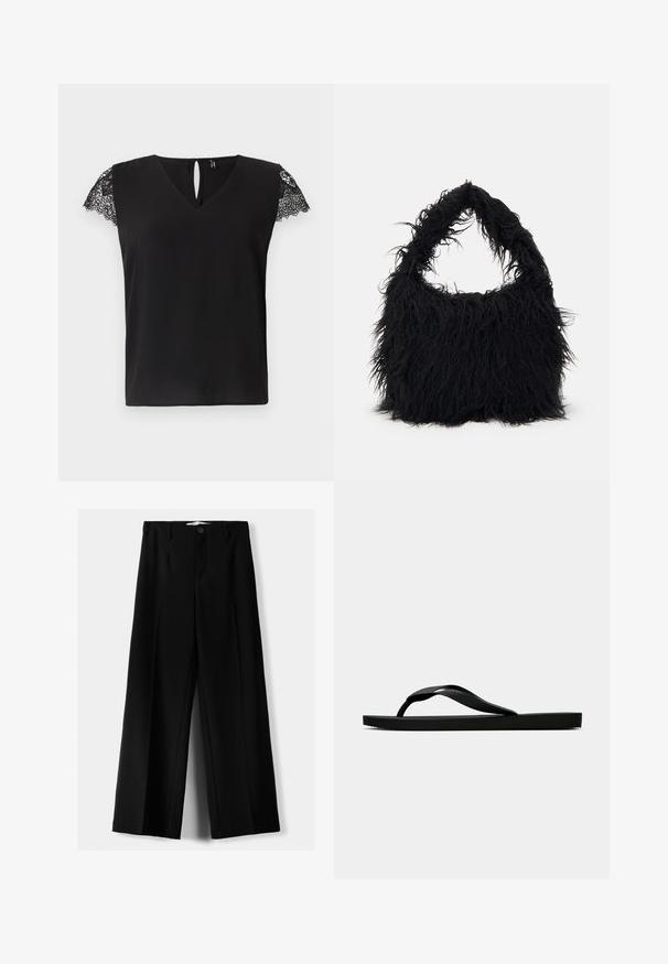 Černá blůza s krátkým rukávem, výstřihem do V a krajkovými detaily na rukávech. Klíčová díra na zadní straně. Hladká textura, volný střih.; Černé široké kalhoty z lehkého materiálu s předním zapínáním na knoflík a hladkým předním dílem, s pečlivě přišitými lemy.; Černé gumové žabky s texturovaným páskem a jednoduchou plochou podrážkou, zobrazené z boku na světlém pozadí.; Even&Odd Velká kabelka - black