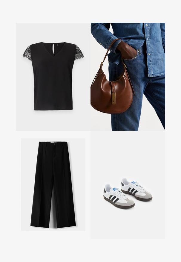 Črna kratkoslečna bluza z V-izrezom in čipkastimi detajli na rokavih. Odkritje v obliki ključavnice na hrbtu. Gladka tekstura, sproščen kroj.; Črne široke hlače iz lahkega materiala, z zapiranjem na gumb spredaj in ravnim sprednjim delom, s skrbno zašiti robovi.; Športni čevlji z belim usnjenim zgornjim delom, sivim semišem na prstih in tremi črnimi črtami. Imajo modro logo na jeziku in teksturiran gumijast podplat.; Rjava usnjena hobo torba zaobljene oblike, ki vsebuje zlatokovinske dodatke in kontrastno šivanje. V kombinaciji z denim srajco in kavbojkami.