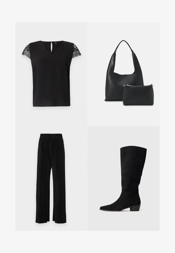 Čierna blúzka s krátkym rukávom a V-výstrihom, s čipkovým detailom na rukávoch. Odkrytá časť na chrbte. Hladká textúra, voľný strih.; Čierne plisované nohavice s elastickým pásom. Majú široké nohavice a hladkú, textúrovanú látku s vertikálnymi pruhmi.; Čierne semišové čižmy po kolená s nízkym blokovým podpätkom a špicatou špičkou, zobrazené v bočnom pohľade na jednoduchom svetlošedom pozadí.; Even&Odd Kabelka - black