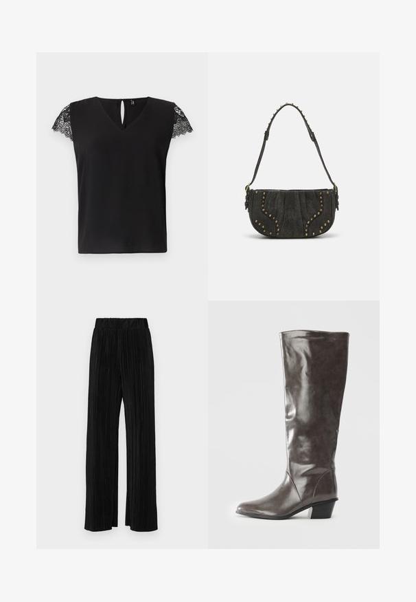 Fekete, rövid ujjú blúz V-nyakkal és csipkés részletekkel az ujjakon. Lépésnyílás a hátulján. Sima textúra, laza fazon.; Fekete pliszírozott nadrág gumis derekkal. Széles lábakkal rendelkezik, sima, texturált anyagból készült, függőleges csíkokkal.; Magas szárú, sötétszürke bőr csizma női változatban, közepes sarokkal és kerek orral, oldalról bemutatva, fehér háttér előtt.; Fekete velúr táska ívelt kialakítással, szegecses részletekkel és texturált felülettel. Állítható pánt, a széle mentén tűzijáték részletekkel.