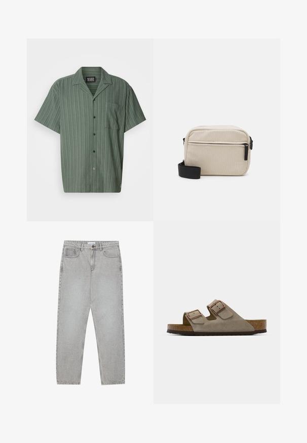 Camisa de manga corta verde con rayas verticales, collar, bolsillo frontal y cierre de botones. Fabricada con una tela texturizada.; Top blanco sin mangas confeccionado en tejido suave, con un escote redondo y una silueta ajustada, adecuado para llevar en capas o como prenda independiente.; Pantalones de mezclilla gris claro con un diseño de pierna recta, estilo de cinco bolsillos y cierre de botón. Costuras visibles a lo largo de las costuras.; Sandalia de ante en gris claro con dos hebillas ajustables, una plantilla de corcho y una suela de goma texturizada.; Bolso bandolera de pana color crema con cremallera negra, correa desmontable y patrón texturizado. Cuenta con un compartimento principal y un bolsillo frontal.; Collar de múltiples capas que presenta cadenas metálicas plateadas y cuentas en tonos blancos y marrones, mostrando texturas y formas variadas.