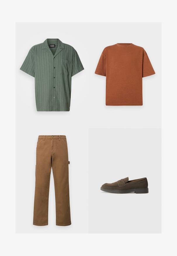 Īsām piedurknēm, zaļa krekls ar vertikālām svītrām, apkakli, priekšējo kabatu un pogu aizdari. Izgatavots no tekstūrēta auduma.; Brūns kokvilnas T-krekls ar apaļu kaklu, īsām piedurknēm un brīvu piegriezumu. Audumam ir maiga tekstūra un minimāls šuvju daudzums.; Brūni kokvilnas kravas bikses ar taisnām kājām, ar sānu kabatām un metāla pogu aizdari jostasvietā. Gluda tekstūra un ikdienišķs dizains.; Brūni zamša loaferi ar noapaļotu purngalu, siksnu virs apaviem un plakanu gumijas zoli. Vienkāršs dizains ar tīrām līnijām un minimālu detaļu skaitu.