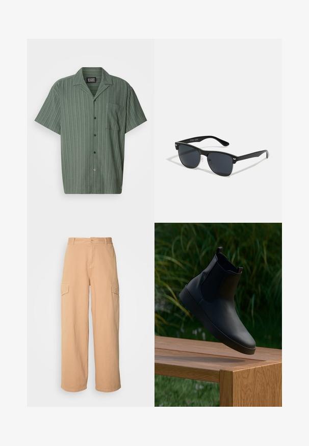 Trumpas rankovėmis, žalias marškinys su vertikaliomis juostelėmis, apykakle, priekinėmis kišenėmis ir mygtukų uždarymu. Pagamintas iš tekstūruoto audinio.; Šviesiai rudos plačių kojų cargo kelnės, pagamintos iš lengvos medžiagos, su dviem šoninėmis kišenėmis ir saga juosmens srityje. Minkšta tekstūra.; Juodos odinės kulkšninių batelių su elastingomis šoninėmis plokštelėmis, lygiu paviršiumi, apvaliu nosiu ir plokščiu padu, padėti ant medinio stalo priešais žalumynus.; Juodos saulės akinių su stačiakampiu rėmeliu, tamsiais lęšiais, sidabrinėmis detalėmis šventrajose ir matinio paviršiaus rėmeliu.