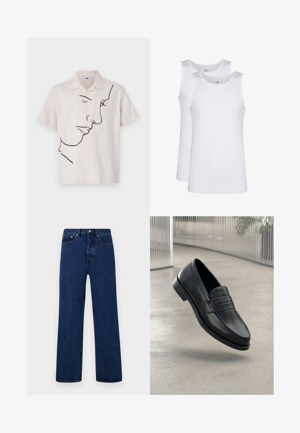 Camisa de lino de manga corta en color beige, con un contorno de cara en marrón oscuro en el frente, con cuello estándar y cierre de botones.; Camisetas sin mangas de algodón blanco, diseño sin mangas, cuello redondo, textura lisa, con un tejido suave y ligero. Se presentan dos piezas.; Vaqueros de mezclilla azul oscuro con corte recto, con costuras naranjas, cierre de botones y dos bolsillos delanteros con remaches en contraste.; Mocasín de cuero negro con textura suave, punta puntiaguda y una correa decorativa a lo largo del empeine. Suela ligera, diseño minimalista.