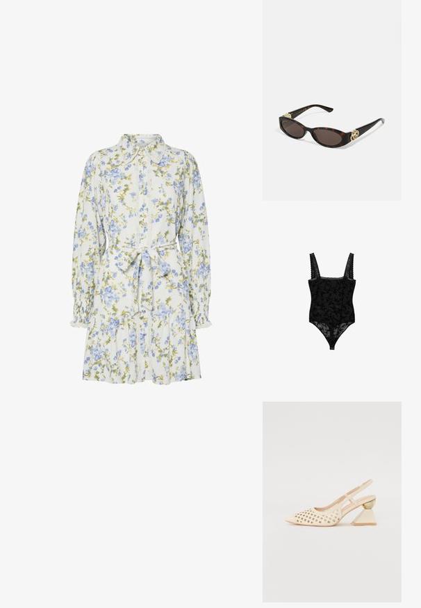 Schwarzer Spitzenbody mit floralem Muster, breiten Trägern mit strukturiertem Rand und Druckverschluss unten. Transparentes Material mit filigranen Details.; Blumenkleid in Weiß mit blauen und grünen Blumen, mit einem Kragen, durchgehender Knopfleiste, langen Ärmeln mit elastischen Bündchen und einem Taillengürtel.; Beige Slingback-Schuh mit Perforierung im Obermaterial, spitzer Zehenpartie und einem kontrastierenden dreieckigen Absatz mit einem goldenen Akzent. Insgesamt glatte Textur.; Schildpatt-Sonnenbrille mit länglich-ovalen Gläsern, braunem Farbton, goldenen Logo-Akzenten an den Bügeln und schlanken schwarzen Bügeln.; Beige gemusterte Handtasche mit geschwungener Form, Lederakzenten und einem goldfarbenen Logo auf der Vorderseite. Verfügt über einen kurzen Griff für einfaches Tragen.