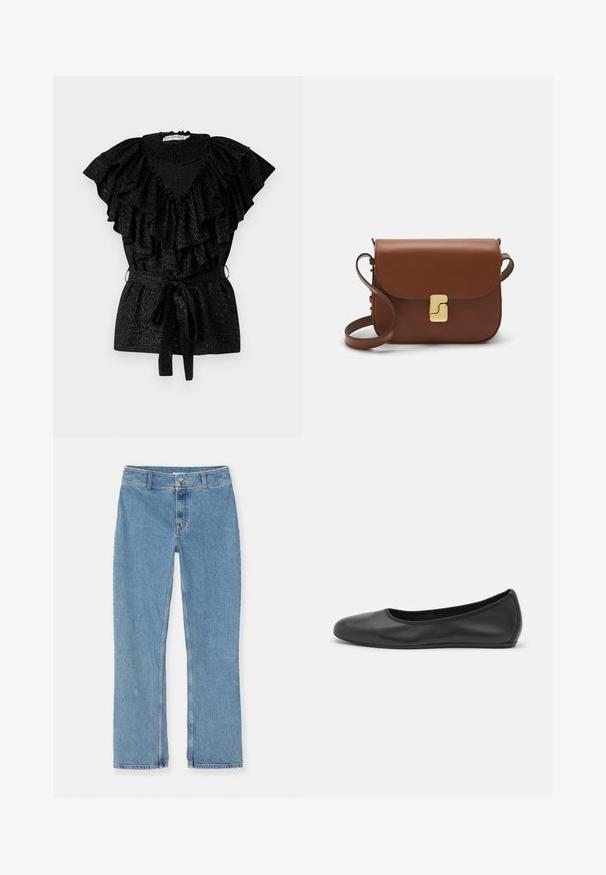 Blusa nera con ampio scollo a volant e maniche corte. Presenta un corpetto arricciato e una vita con lacci. Realizzata in tessuto strutturato.; T-shirt bianca a maniche corte realizzata in tessuto a costine. Collo rotondo, vestibilità regolare e dettagli di cucitura sottili. Senza motivi o grafiche.; Jeans in denim blu chiaro con gamba dritta, chiusura con bottone e zip, passanti per cintura e cuciture standard su sfondo bianco.; Pantofole da balletto nere in pelle con punta arrotondata, texture liscia, dettagli di cucitura minimi e design con suola flessibile.; Borsa a tracolla in pelle marrone con chiusura a pattina, hardware color oro, tracolla e una finitura liscia. Forma rettangolare compatta.