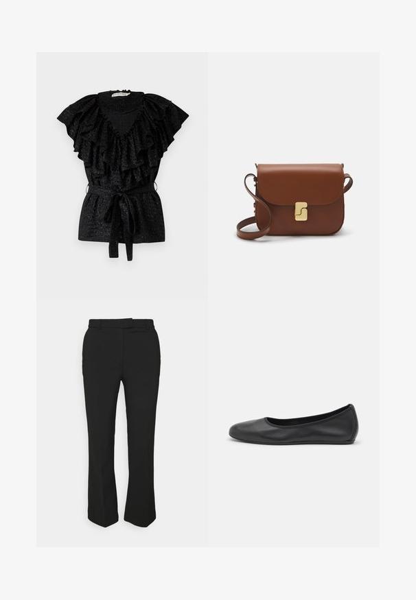 Schwarze Bluse mit großem Rüschenausschnitt und kurzen Ärmeln. Verfügt über ein gerafftes Oberteil und eine Bindegürtellinie. Hergestellt aus strukturiertem Stoff.; Schwarze, maßgeschneiderte Hose mit geradem Bein, ausgestattet mit Gürtelschlaufen und Seitentaschen. Hergestellt aus glattem Stoff mit sauberem Finish.; Schwarze Leder-Ballettschuhe mit abgerundeter Spitze, glatter Textur, minimalen Nähdetails und einem flexiblen Sohlen-Design.; Braune Ledertasche mit Klappenverschluss, Beschlägen in Goldfarbe, einem Schultergurt und einer glatten Oberfläche. Kompakte rechteckige Form.