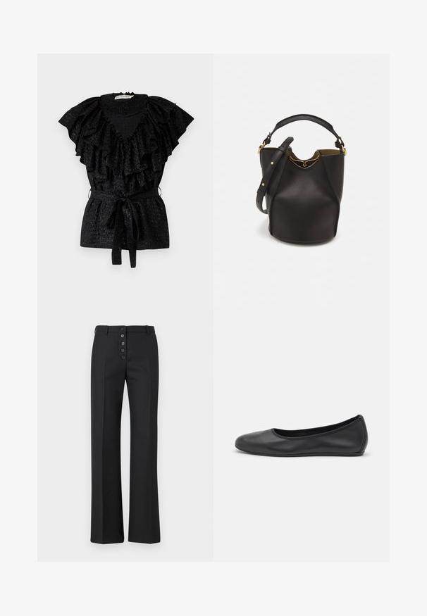 Mustan värvi pluus suure volangkaela ja lühikeste varrukatega. Omab smocked bodice'i ja sidumisega vööosa. Valmistatud tekstureeritud kangast.; The Kooples PANTALON - Püksid - black; Musthave mustika tantsutossud mustast nahast, ümmarguse varbaga, siledast tekstuurist, minimaalse õmblusdetailiga ja paindliku tallakujundusega.; Mustast nahkämbriga kott tekstuurses viimistluses, kuldsete metalldetailide aktsentidega ja avatud ülaosaga. Omab lühikest käepidet ja reguleeritavat õlavarre rihma.