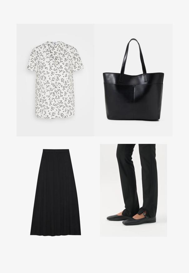 Esprit V NECK - T-shirt con stampa - off white; Maxi gonna nera realizzata in tessuto morbido e fluido. Presenta un elastico in vita e una silhouette A-line ampia con una texture liscia.; Ballerine in pelle nera con punta appuntita, cinturino con fibbia in argento, abbinate a pantaloni neri su misura con orlo a spacco.; Borsa a tracolla in pelle nera con due manici lunghi, una texture liscia e una forma strutturata. Presenta una tasca frontale per ulteriore spazio di archiviazione.