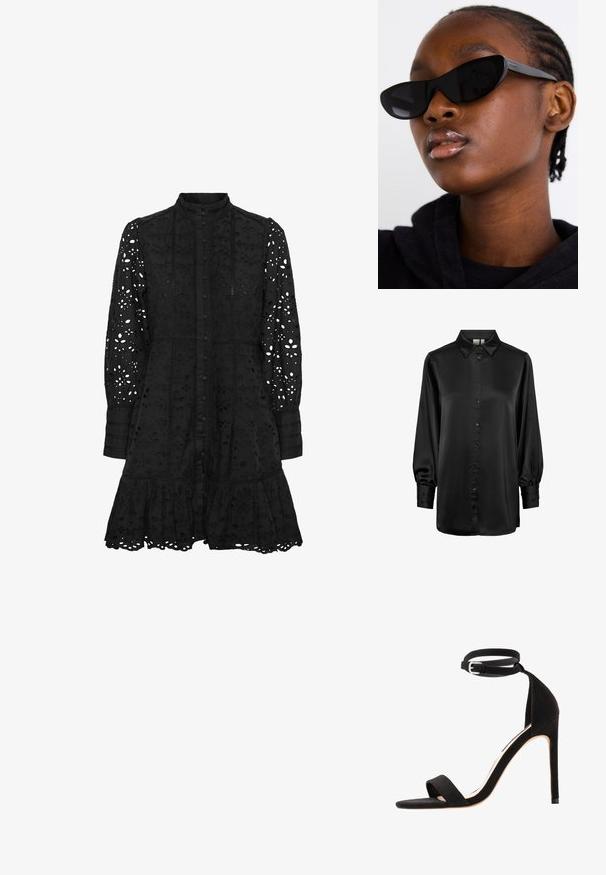 Juoda satino bluzonė su apykakle, ilgomis pūkuotomis rankovėmis ir priekiu užsegama saga. Lygi tekstūra ir blizgus paviršius.; Juodas siuvinėtas suknelė su aukštu apykakle, priekiniais mygtukais, ilgomis rankovėmis ir voluotais kraštais. Yra išpjovų gėlių ir geometrinių raštų.; Juodi zomšiniai aukštakulniai šlepetės su paprastu dirželio dizainu, atvira kojų pirštų dalimi ir kulkšnis apimančiu dirželiu su sidabrine sagtimi.; Juodi katės akies akiniai su matinio paviršiaus apdaila, pasižymintys elegantišku dizainu ir švelniai išlenktais kraštais, derinami su modelio tamsiais drabužiais.; Sidabriniai auskarai su poliruotu paviršiumi, turintys apvalią dizaino formą ir be siūlių vyriukus, rodantys lygų paviršių.