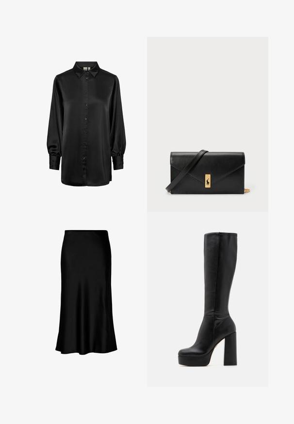 Svart satinblus med krage, lång puffärm och knappstängning fram. Slät textur och glänsande yta.; Svart satin midi kjol med en slät textur, utställd nederkant och en åtsittande midja, med en enkel, klassisk design.; Svarta knähöga stövlar i slätt läder med texturerad yta, med hög blockklack och rund tådesign.; Svart läderplånbok med vikbar lucka, guldhardware och logotypdetalj. Inkluderar en avtagbar rem för bärande.