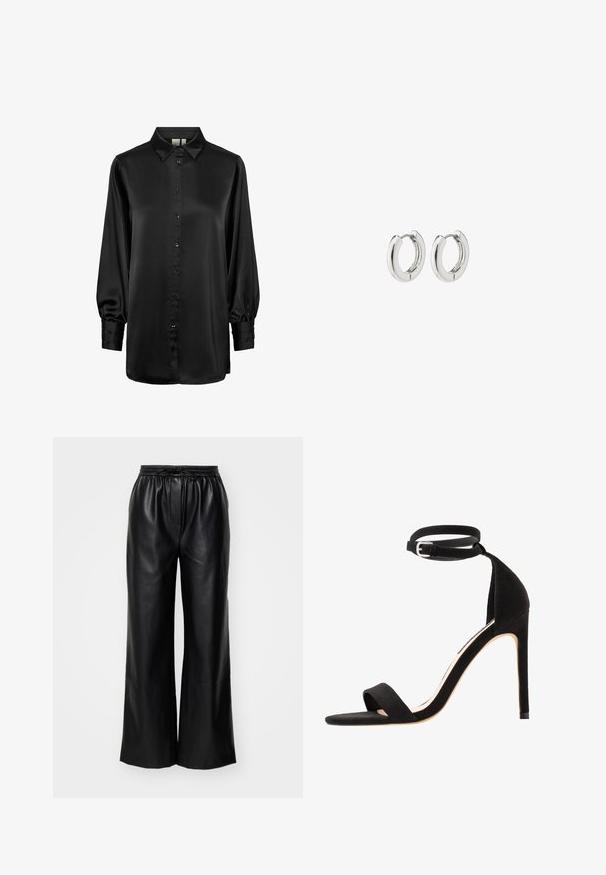 Čierna saténová blúzka s golierom, dlhými puff rukávmi a predným zapínaním na gombíky. Hladká textura a lesklý povrch.; Čierne kožené nohavice so širokým strihom, elastickým pásom a nastaviteľnou šnúrkou; hladká textúra s čistým, minimalistickým dizajnom.; Čierne semišové sandále na vysokom opätku s jednoduchým dizajnom remienka, otvorenou špičkou a remienkom okolo členka s striebornou prackou.; Strieborné kruhové náušnice s lešteným povrchom, s obvodovým dizajnom a bezšvíkovými pántmi, ktoré majú hladkú textúru.