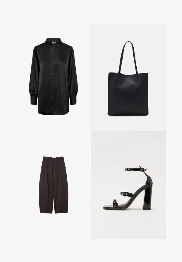 Crna satenasta bluzica s ovratnikom, dugim nabranim rukavima i prednjim kopčanjem na dugmad. Glatka tekstura i sjajna površina.; Crne široke hlače napravljene od glatke tkanine, s visokim strukom, prednjim nabranjima i bočnim džepovima. Jednostavan dizajn bez ukrasa.; Crne lakirane sandale na visoku petu s dva remena s kopčama, kvadratnim vrhom i masivnom blok petom, s glatkom, sjajnom teksturom.; Crna kožna torba za nošenje s glatkom teksturom, pravokutnim oblikom i dvije duge ručke. Nema vidljivih metalnih dijelova ili ukrasa.