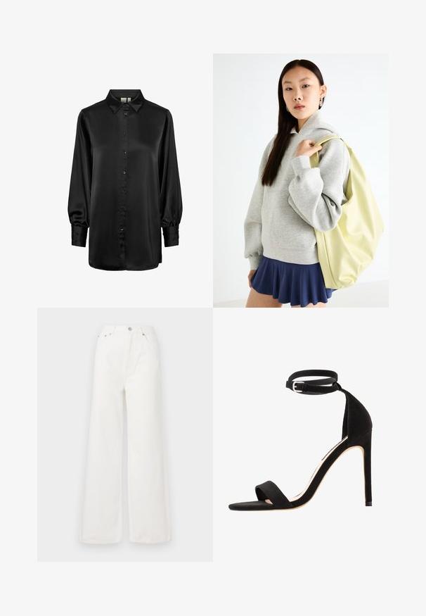 Juoda satino bluzonė su apykakle, ilgomis pūkuotomis rankovėmis ir priekiu užsegama saga. Lygi tekstūra ir blizgus paviršius.; Baltos aukšto liemens platėjančios džinsinės kelnes. Savybės: priekinės kišenės, sagos uždarymas ir suplėšyti apatiniai kraštai.; Juodi zomšiniai aukštakulniai šlepetės su paprastu dirželio dizainu, atvira kojų pirštų dalimi ir kulkšnis apimančiu dirželiu su sidabrine sagtimi.; Pilkos spalvos per didelis džemperis su kengūros kišene, derinamas su tamsiai mėlynu plačiu sijonu. Acessuaras: didelė šviesiai geltona kuprinė, lygaus paviršiaus.; Aukso spalvos žiedo auskarai, ploni ir apvalūs, su lygiu metaliniu paviršiumi be papuošimų ar raštų.