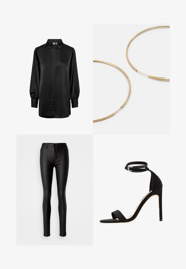 Črna satenasta bluze z ovratnikom, dolgimi nabranimi rokavi in sprednjim gumbom. Gladka tekstura in sijoča površina.; Črne faux usnjene skinny hlače z gladko teksturo, visokim pasom, z gumbom na zapiranju in tradicionalnim petih žepnim oblikovanjem.; Črne semiš sandale s peto z enostavno zasnovo traku, odprto konico in trak na gležnju, ki ima srebrno zaponko.; Zlate obroče ušesne uhane, tanke in krožne oblike, z gladko kovinsko površino brez okrasnih elementov ali vzorcev.