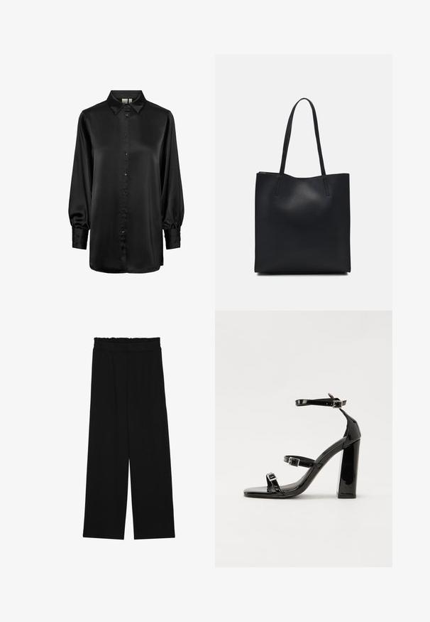 Blusa de cetim preto com decote em gola, mangas longas bufantes e fecho frontal com botões. Textura suave e superfície brilhante.; Calças largas pretas com um cinto franzido, apresentando dois bolsos laterais e um tecido suave e leve. Sem padrões ou ferragens visíveis.; Sandálias de tacão preto laqueadas com bico quadrado, tiras para o tornozelo e fivelas prateadas. Apresentam um salto bloco chunky para estabilidade.; Bolsa tote preta em couro com textura lisa, forma retangular e duas alças longas. Sem hardware ou enfeites visíveis.