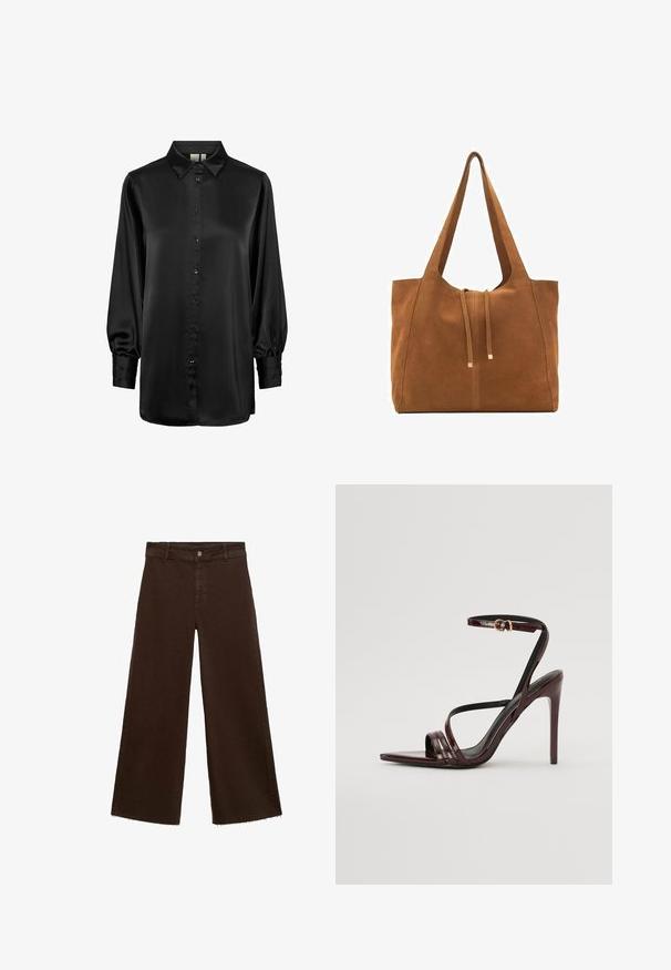 Zwarte satijnen blouse met een kraaghals, lange pofmouwen en een knoopsluiting aan de voorkant. Glad textuur en glanzend oppervlak.; Bruine wijde broek in katoenmix, met een rafelige zoom, sluiting met een knoop aan de voorkant en een klassieke vijf-pocketstijl. Minimalistisch en veelzijdig.; Bordeaux gepatineerde leren hoge hakken sandaal met een enkelbandje, puntige neus en drie horizontale banden over de voet. Details met gouden gesp.; Bruine suède schoudertas met twee lange hengsels, trekkoordsluiting en minimalistisch ontwerp. Gladde textuur en geen zichtbare hardware-accenten.
