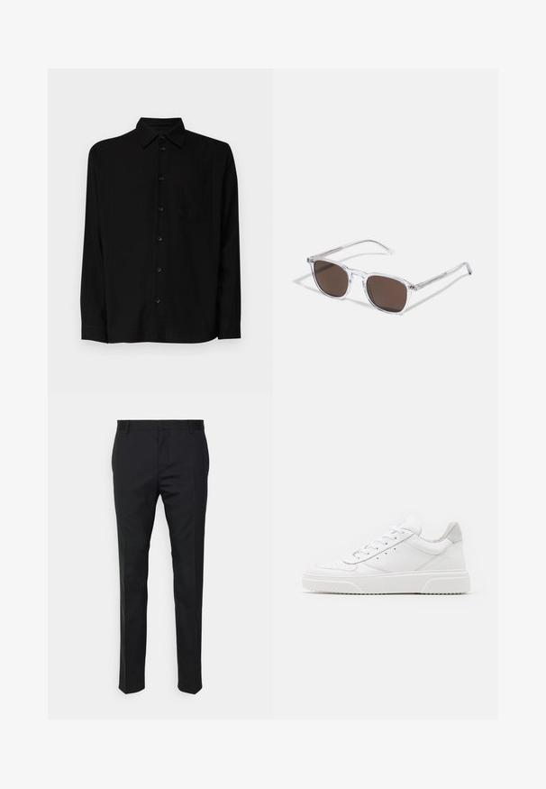 Svart langermet skjorte i lett stoff med klassisk krage, frontlomme og knappelukking. Glatt tekstur med subtilt mønster.; Svarte skreddersydde bukser med rett passform, laget av glatt materiale. Har beltehemper og pressfolddetaljer foran.; Hvite skinnsko med en glat overflate, rund tå, flate lisser og teksturert såle. Grå semsket innfelt ved hælen.; Klare plastikk solbriller med rektangulære brune linser, med tynne, gjennomsiktige armer og metalldetaljer på templene.