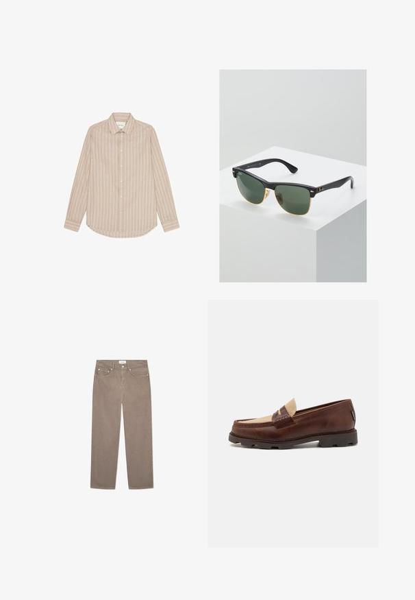Beige langermet skjorte med vertikale hvite striper, knappestolpe, og rundet nederkant. Har hvite knapper og en subtil logo-brodering.; Brune rette bukser med fem lommer, metall detaljer og en glatt tekstur. Stoffet har et subtilt, jevnt mønster.; Brune lærloafers med en taupe canvas-accent, syet detalj og en teksturert gummisåle designet for komfort og holdbarhet.; Ray-Ban solbriller med grønne linser, svarte plastikkrammer og gullkanter. Firkantet form med matt finish.