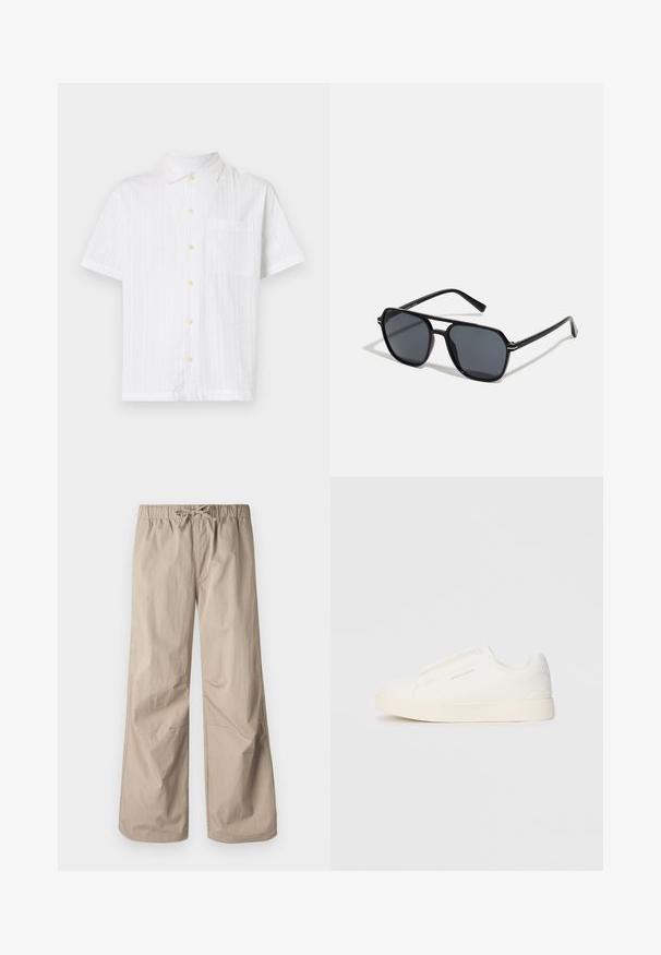 Biała koszula z krótkim rękawem, zapinana na guziki, z jedną kieszenią, teksturowana tkanina i jasne żółte guziki.; Beżowe spodnie typu wide-leg z elastycznym pasem i sznurkiem. Gładka tekstura, dwie boczne kieszenie i minimalne szwy zapewniające luźny krój.; Białe sneakersy wsuwane z teksturowanej powierzchni, grubą podeszwą i minimalistycznym designem. Zawierają logo marki z boku.; Czarne okulary przeciwsłoneczne z ośmiokątną oprawką, ciemnymi soczewkami, błyszczącym wykończeniem, cienkimi zausznikami i złotymi akcentami na przodzie.
