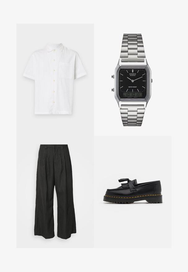 Shirt bianca a maniche corte con chiusura a bottoni, dotata di una tasca singola, tessuto testurizzato e bottoni gialli chiari.; Pantaloni a gamba larga neri a righe con pieghe, caratterizzati da un design sartoriale e una texture morbida. Nessun hardware o decorazione visibile.; Mocassino in pelle nera con un'accento a frange, dotato di una suola nera spessa e cuciture gialle lungo il bordo. Finitura testurizzata.; Orologio in acciaio inox argento con quadrante rettangolare nero, dotato di lancette analogiche, display digitale e etichetta di resistenza all'acqua.