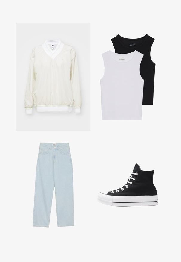 Lys beige Nike hettegenser med V-hals, lange ermer og elastiske mansjetter. Har en hvit midjebånd og en liten brodert logo på brystet.; To skjortetopper uten ermer i svart og hvitt, laget av ribbestrikket bomull, med rund hals og en tettsittende design. Merker synlige på begge.; Lys blå vide jeans laget av denim, med middels høyde på livet, fem lommer og en knappelukking med en slank metalldetalj.; Høye svarte kanvas-sneakers med hvite øyler, snører og gummisåle. Har en teksturert tåhette og svarte og hvite striper som detaljer.