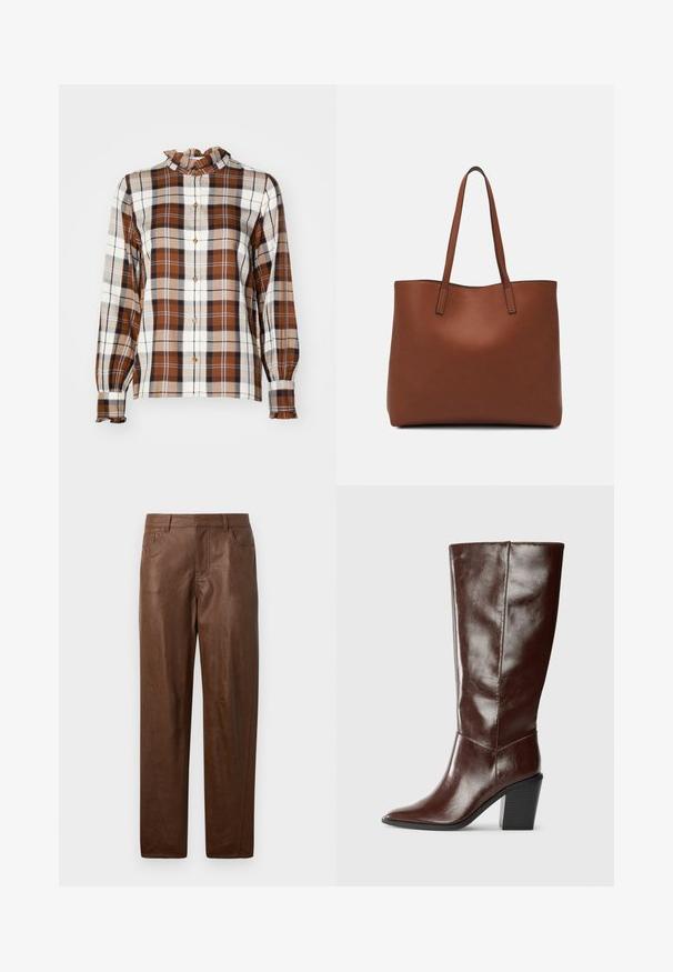 Camicia button-up a quadri nei toni marrone, crema e blu navy con colletto arricciato e maniche lunghe, dotata di dettagli con bottoni e una vestibilità rilassata.; Pantaloni in pelle marrone con una texture liscia, design a gamba dritta e due tasche laterali. Presentano dettagli di cucitura visibili.; Stivale alto in pelle marrone scuro con punta affilata e tacco a blocco, mostrato di lato su uno sfondo neutro.; Borsa tote in pelle marrone con texture liscia, design con apertura superiore e due spallacci. Presenta cuciture minime e nessun hardware visibile.