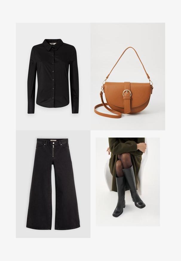 Black long-sleeve shirt made of cotton. Features a collared neckline, button front, and fitted design. Smooth texture and tailored shape.; Wide-leg jeans in black denim with a zippered front, five-pocket design, and subtle stitching details. Smooth texture and casual style.; Knee-high black leather boots with a squared toe and block heel, shown with a model seated in an olive green coat. Smooth texture, minimal detailing.; Brown leather crossbody bag with a curved shape, gold hardware, and a buckle accent. Features a detachable shoulder strap.