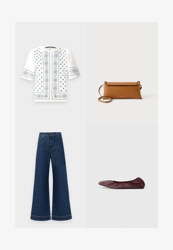 Blusa corta de manga corta blanca con bordado floral azul, escote redondo y patrones intrincados a lo largo del frente y las mangas.; Jeans de mezclilla azul de pierna ancha con una cintura alta, que cuentan con un cierre de botón, pasadores para cinturón y detalles de costura sutil a lo largo de los bolsillos y los dobladillos.; Bailarina en cuero burdeos profundo, con punta redondeada, borde elástico y textura suave con un sutil detalle de pliegues.; Bolso de mano de cuero marrón, forma rectangular, superficie texturizada, correa desmontable, cierre con cremallera, logo sutilmente grabado en el frente.