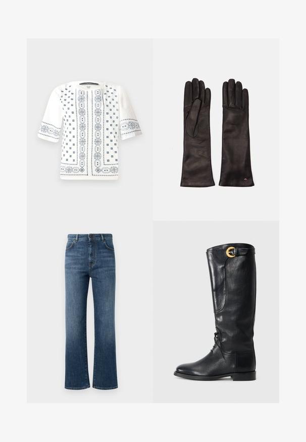Blouse blanche à manches courtes avec broderie florale bleue, un col rond et des motifs délicats sur le devant et les manches.; Jean en denim bleu foncé, avec une coupe droite, cinq poches, fermeture à bouton et détails de couture discrets.; Botte noire en cuir montante avec un bout rond, empiècement à lacets à l'avant, détail sur le côté et une boucle dorée en accent en haut. Texture lisse.; Weekend Max Mara SENAPE - Gants - nero