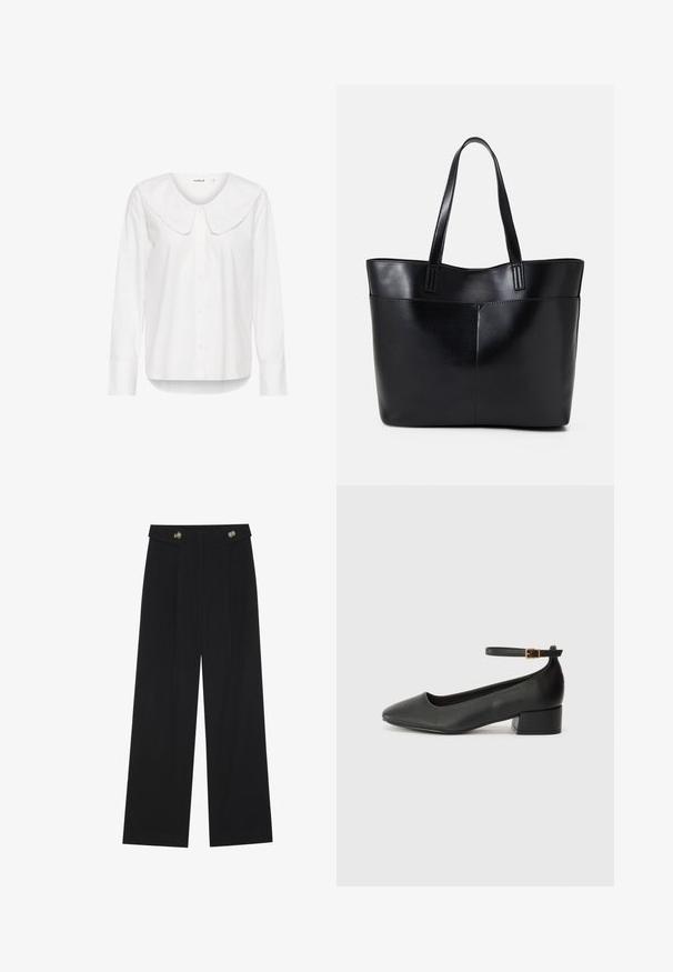 Bijela košulja dugih rukava s velikim, zaobljenim ovratnikom. Izrađena od glatke tkanine s pomalo opuštenim krojem i zaobljenim rubom.; Crne hlače širokih nogavica s visokim strukom, s dugmadi na pojasu i prednjim nabora.; Crne kožne pumpe s oštrim vrhom i niskom blok petom. Sadrže remen oko gležnja s zlatnim kopčanjem. Glatka tekstura.; Crna kožna torba s dugim ručkama, glatkom teksturom i strukturiranim oblikom. Ima prednju džep za dodatno pohranu.